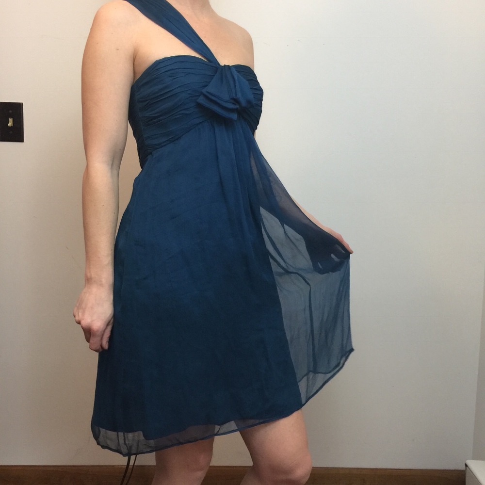 Amsale Blue Teal Silk One Shoulder Dress - Picture 2 of 8
